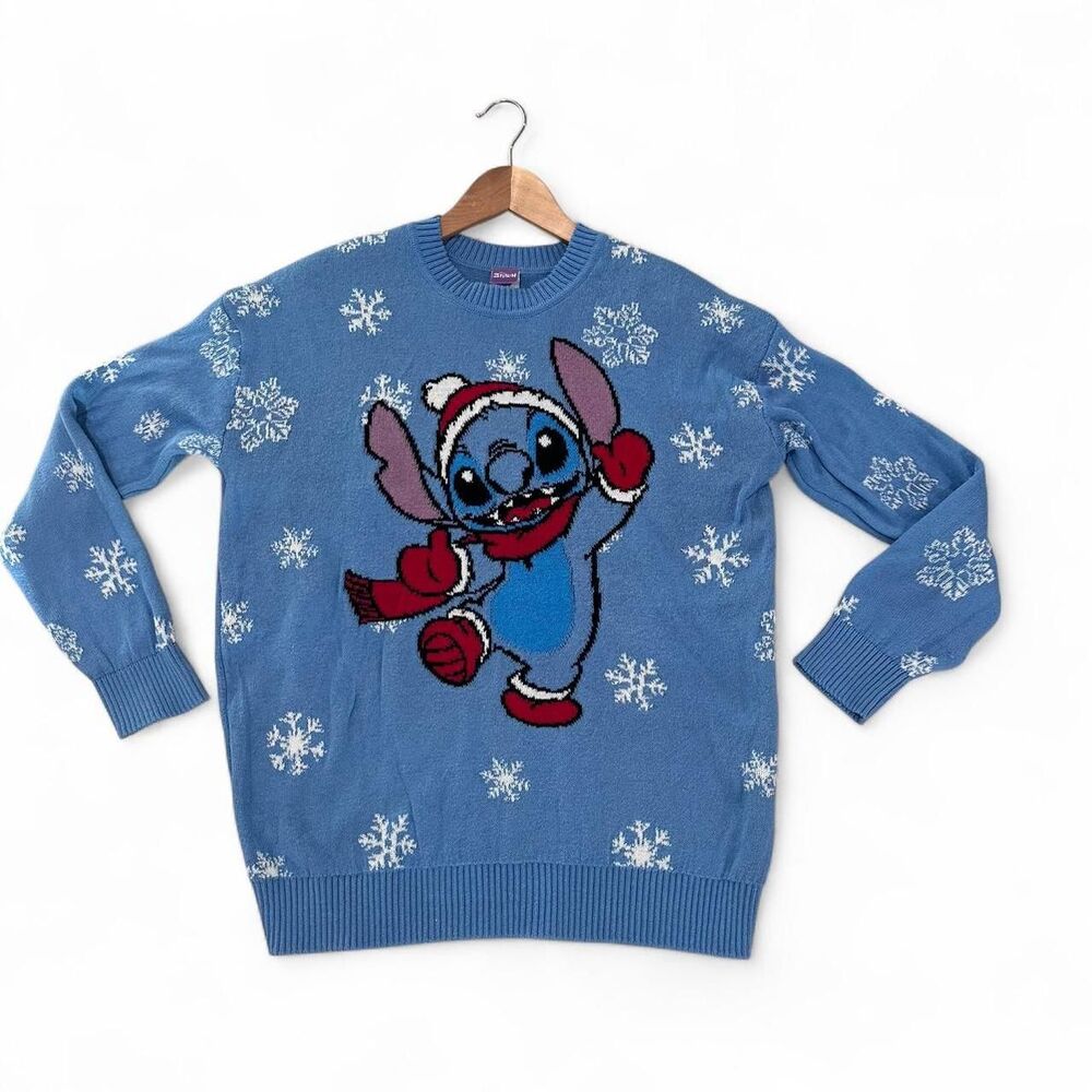 Disney Women's Blue and White Crewneck Stitch Christmas Sweater L